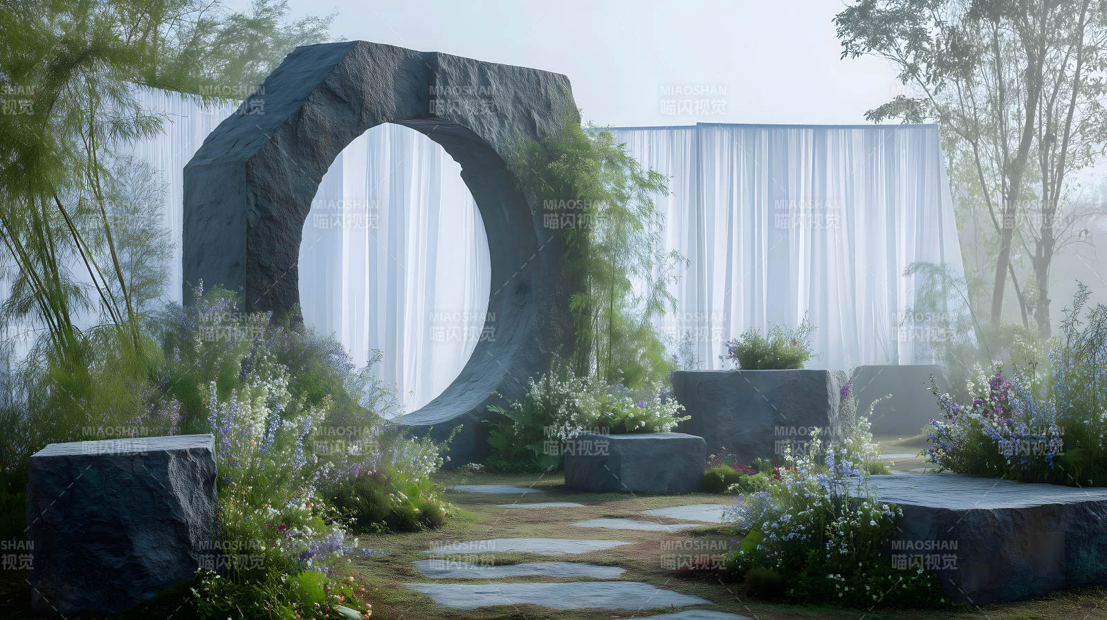 石头拱门花园布景图片