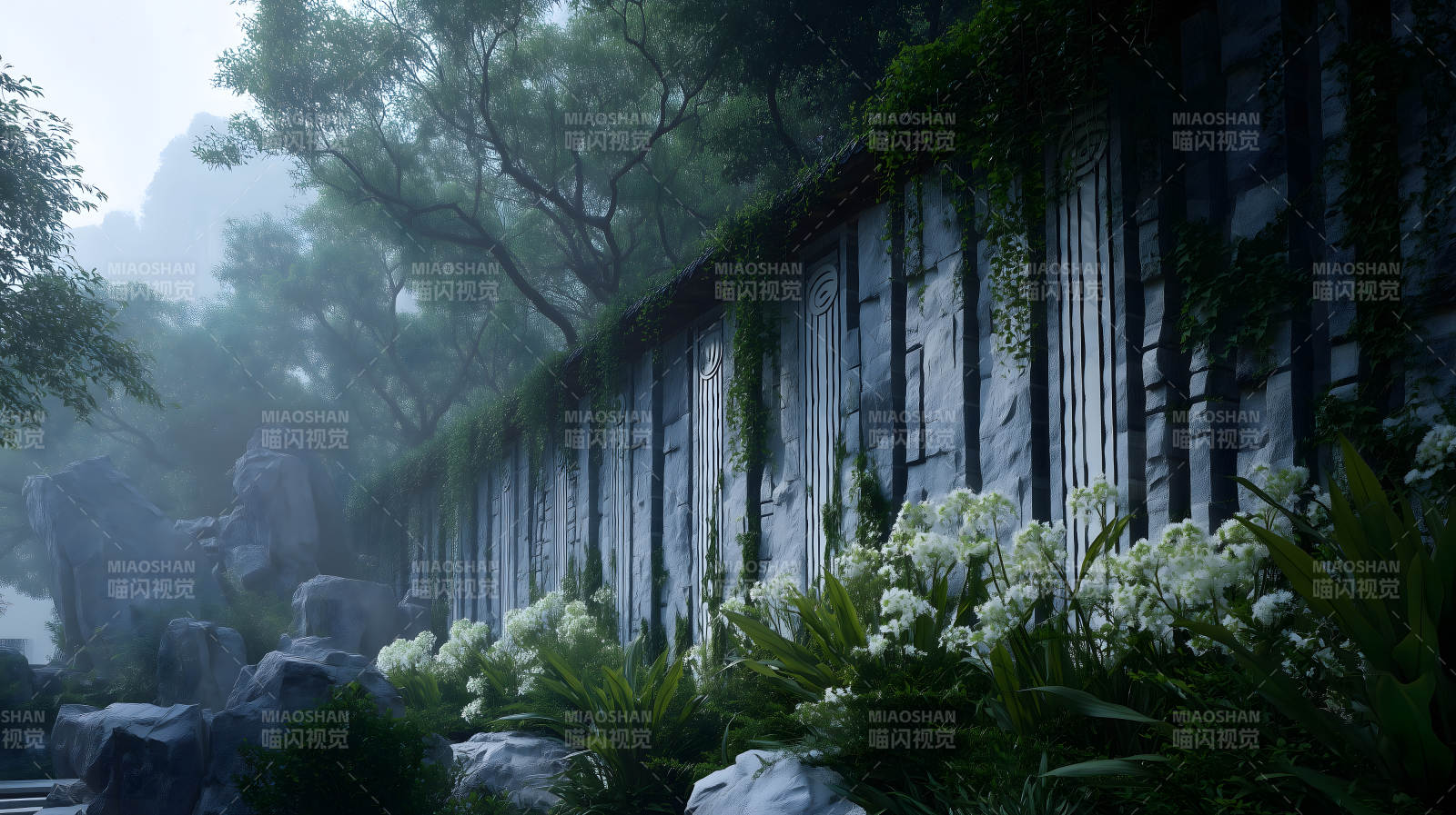 雾气中的庭院建筑图片