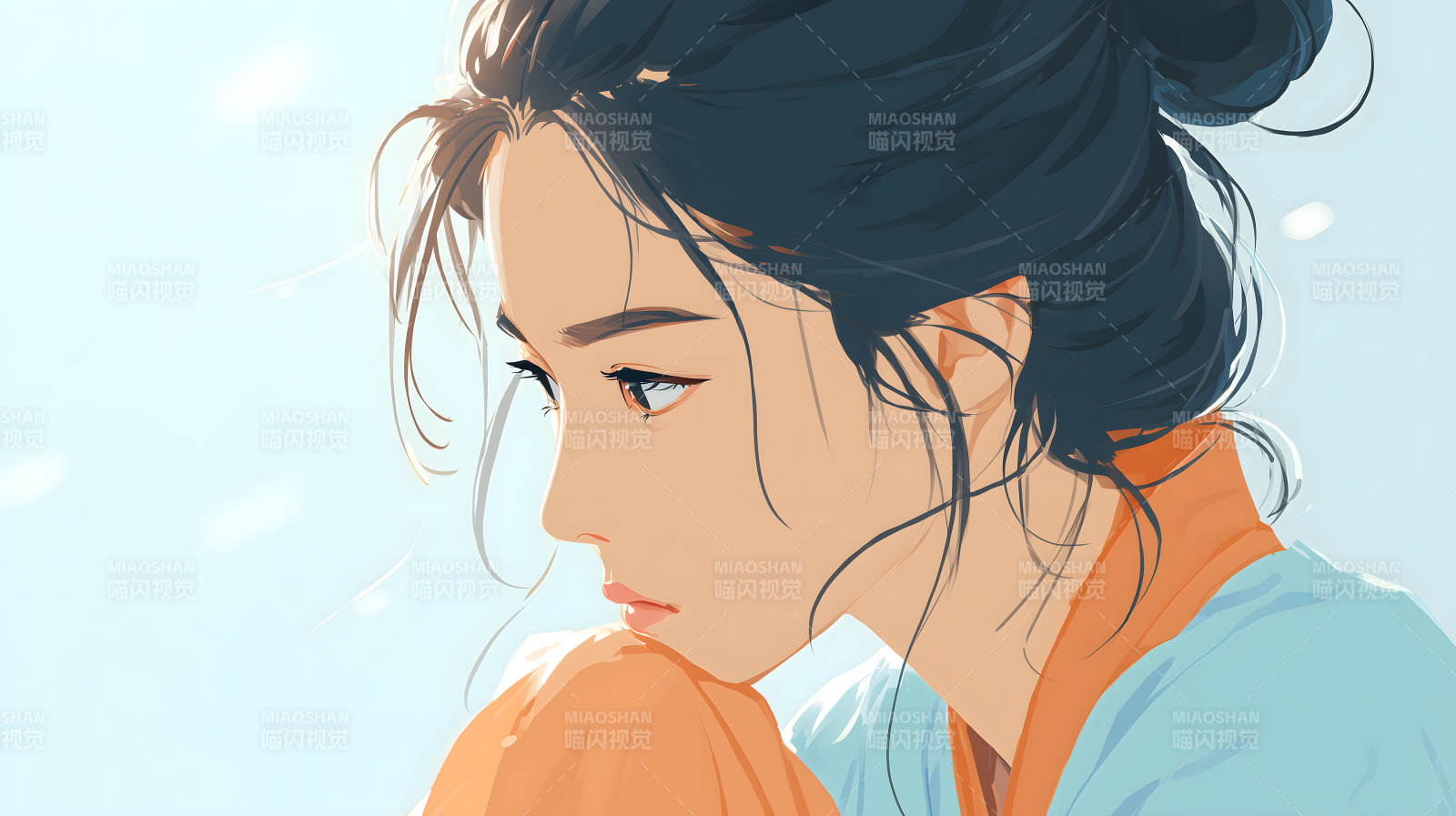 侧颜女孩沉思图片