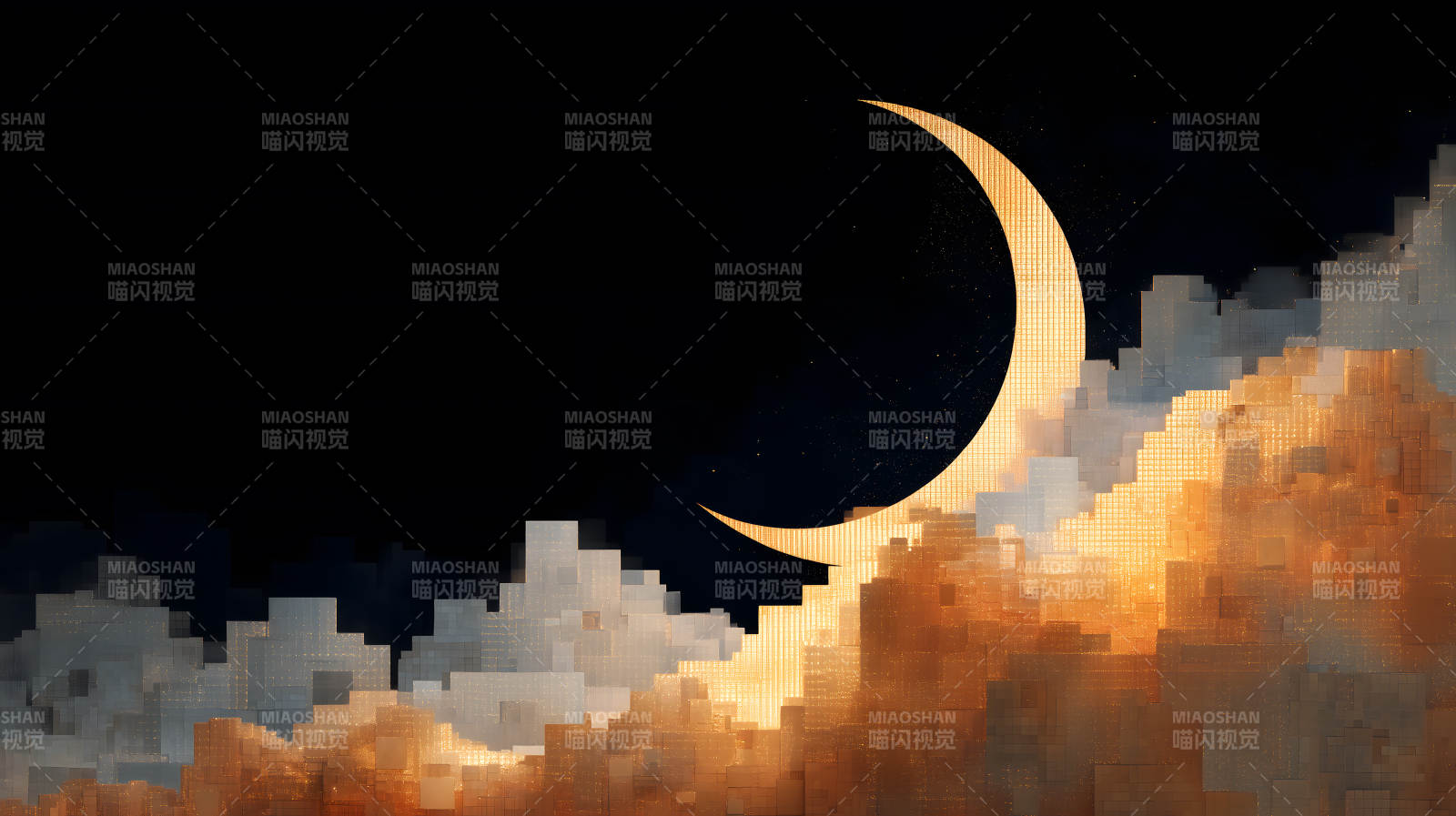 月牙升起在城市上空图片