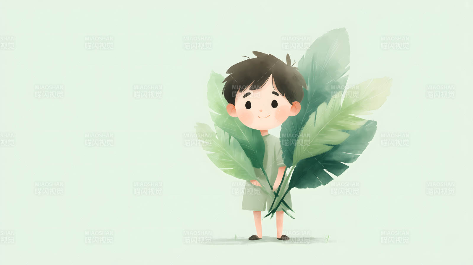男孩捧着绿叶图片