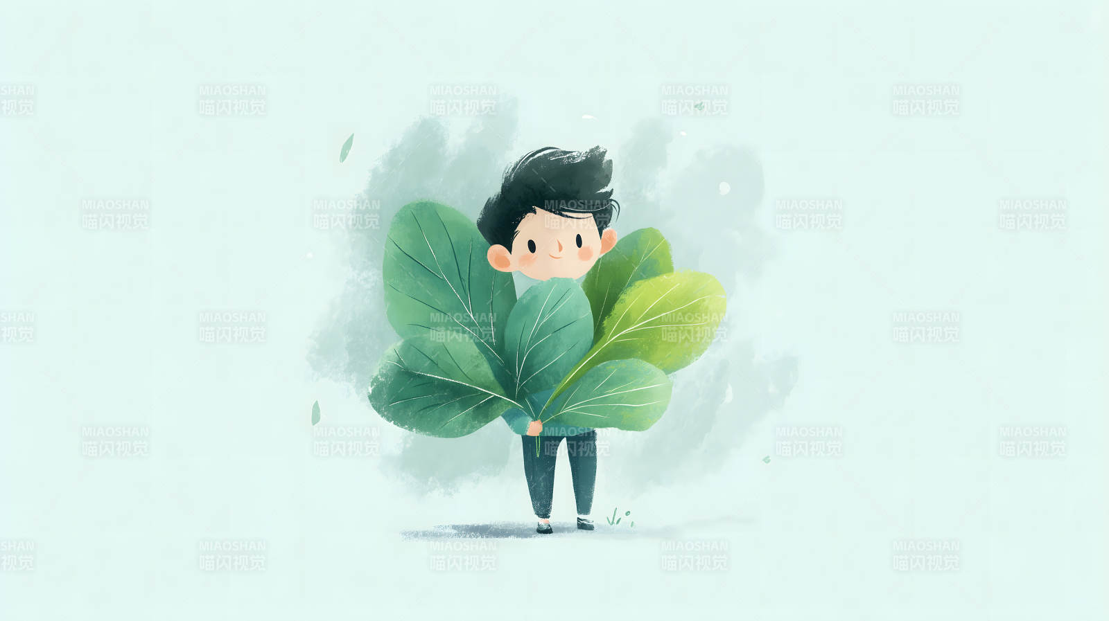 男孩抱着绿叶图片