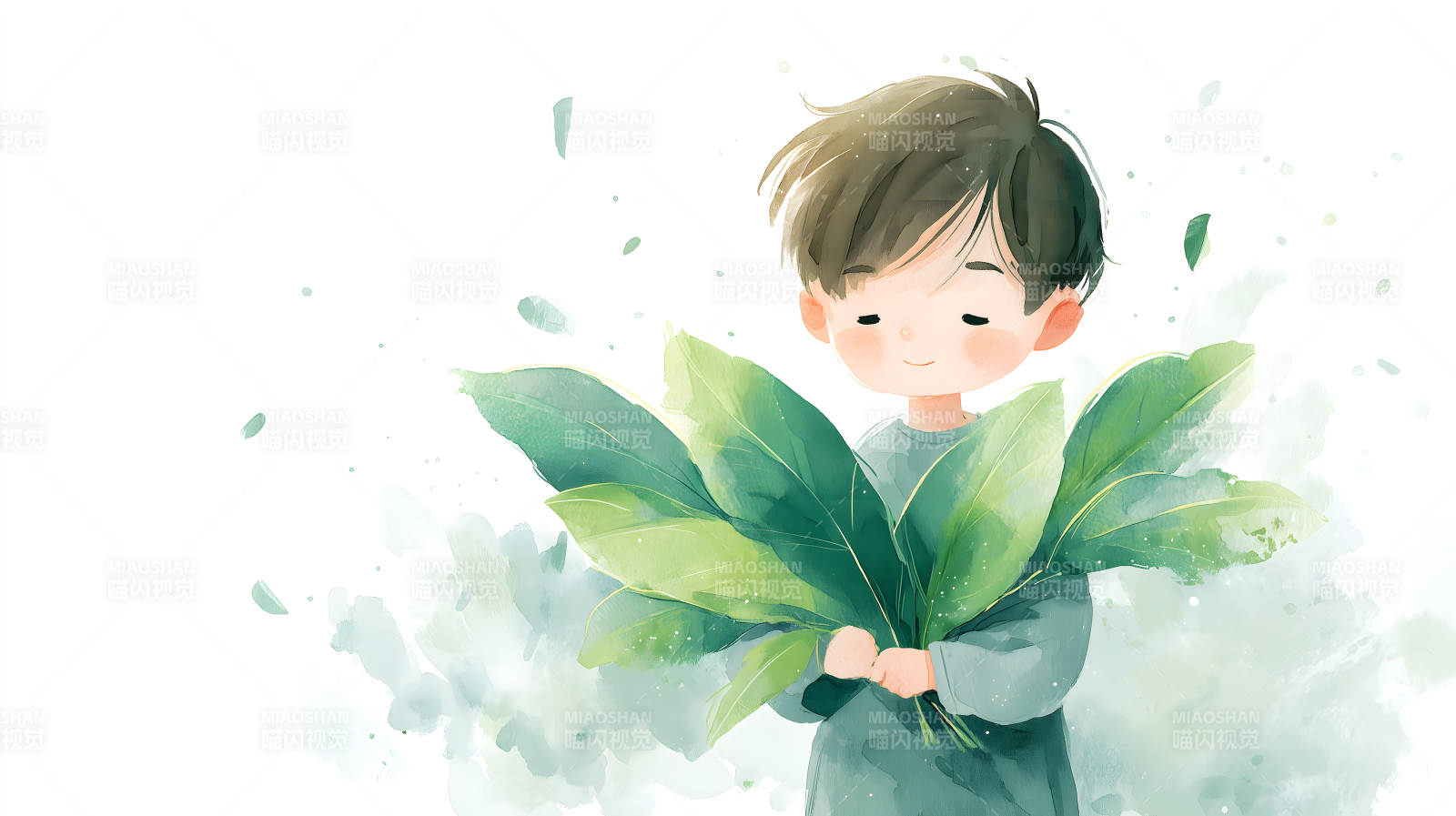 孩子抱叶温馨画面图片