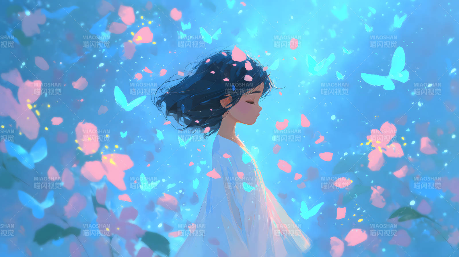 女孩沉静花瓣飘舞图片