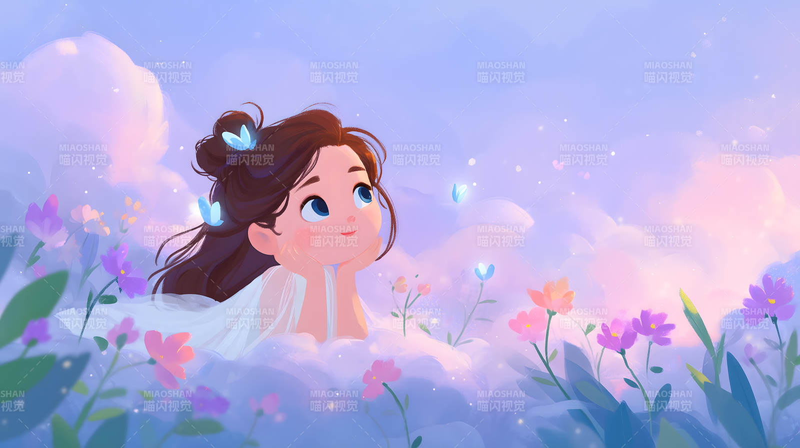 云朵女孩仰望蝴蝶图片