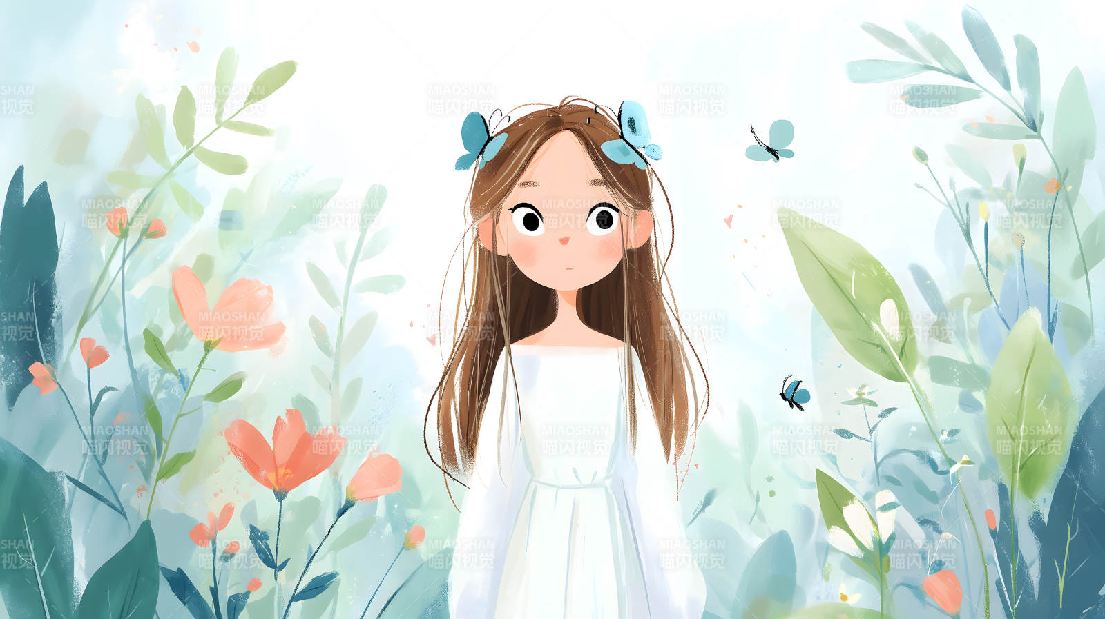 女孩与蝴蝶花卉图片
