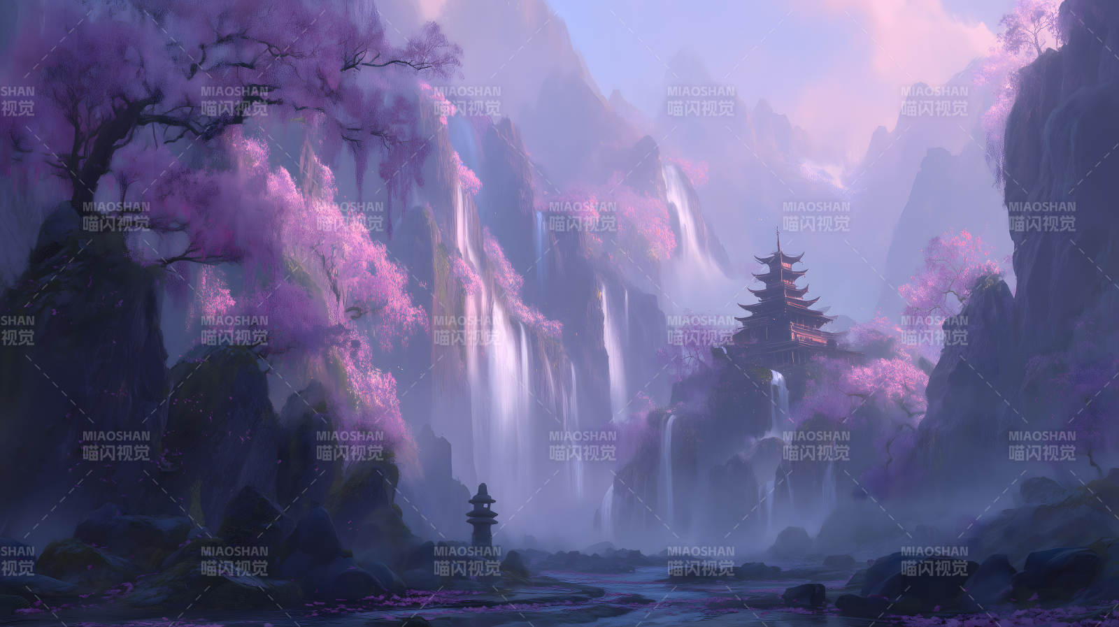 瀑布寺庙樱花盛开图片