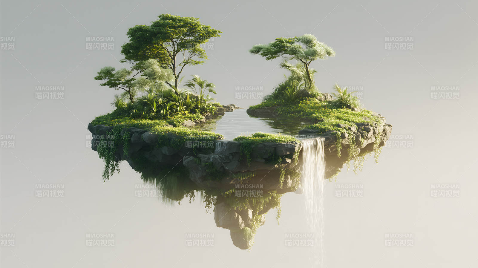 空中岛屿流水瀑布绿植图片