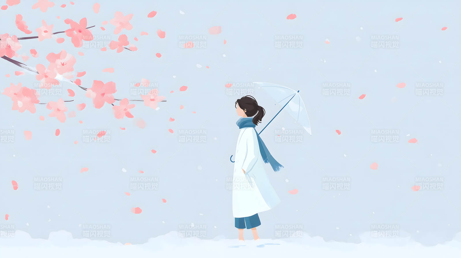 粉色落樱下的女子图片