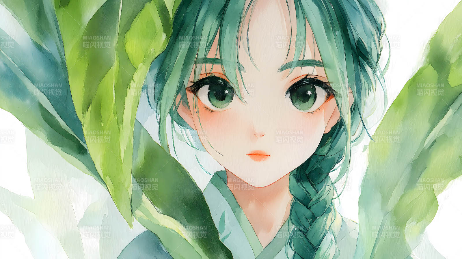 绿发少女凝视图片