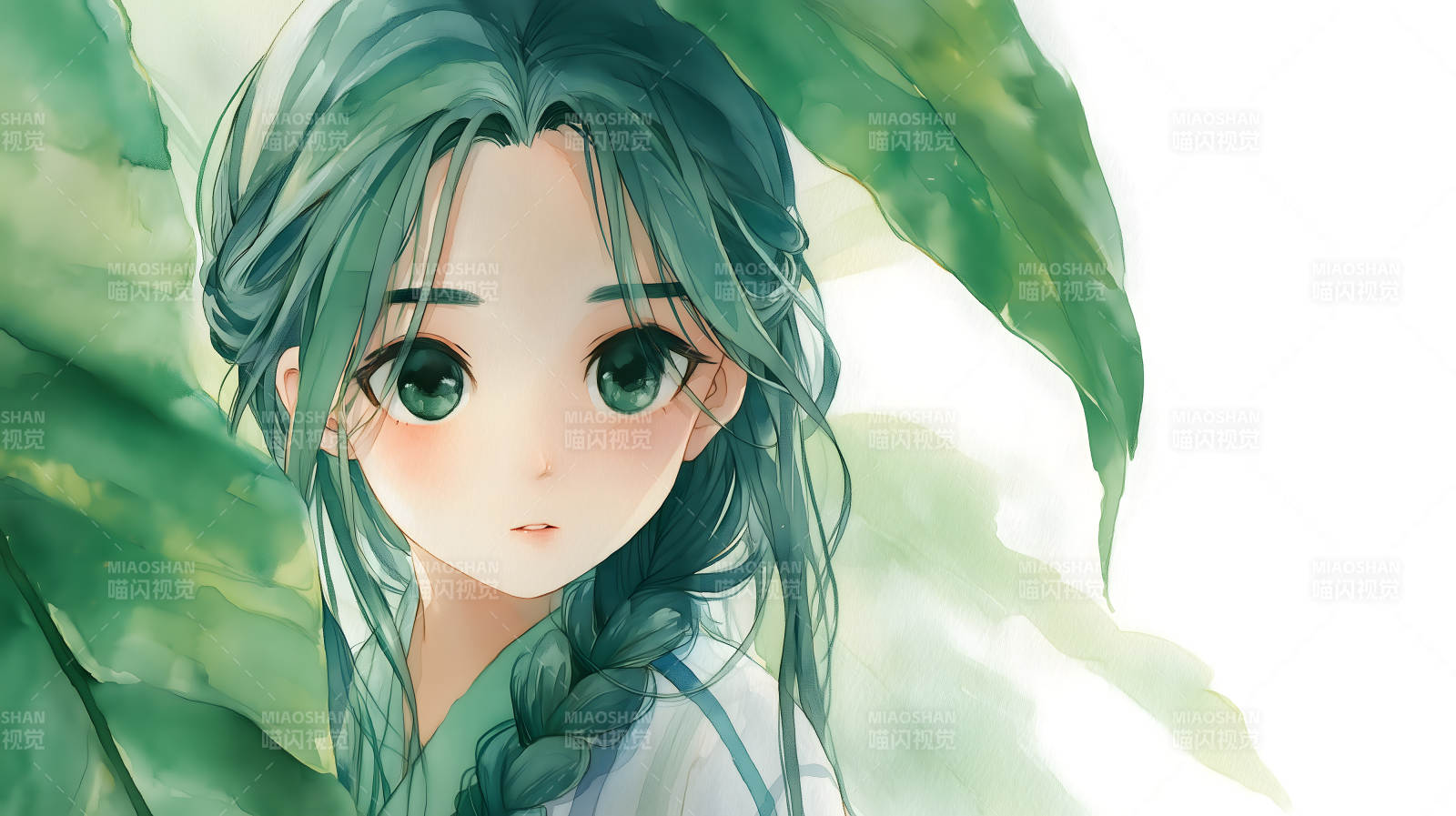 绿发少女凝视图片