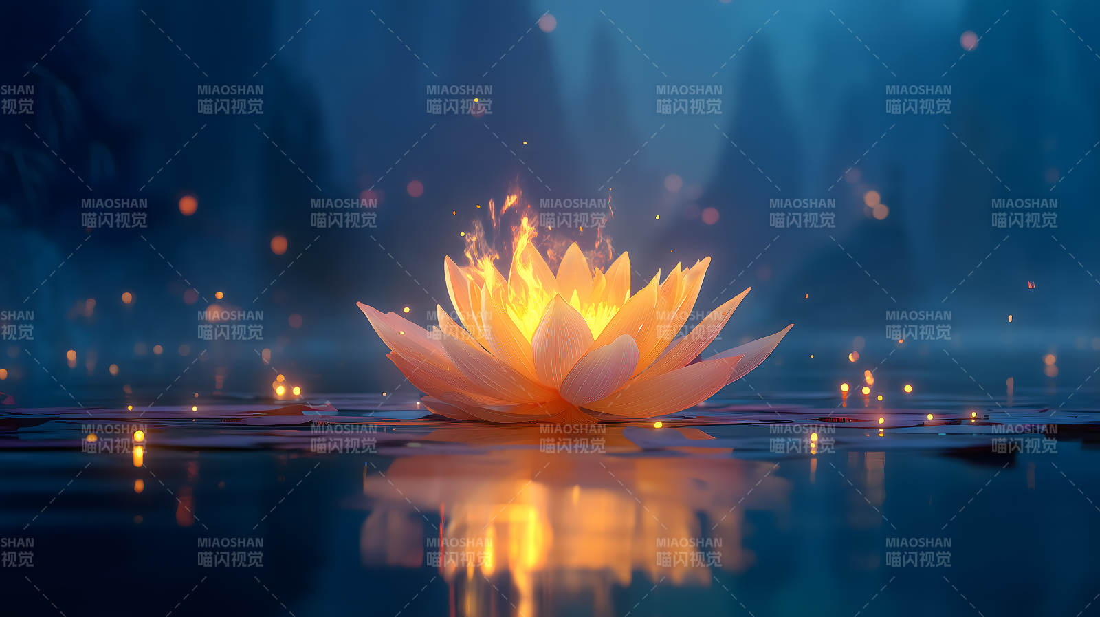 火焰莲花绽放水面图片