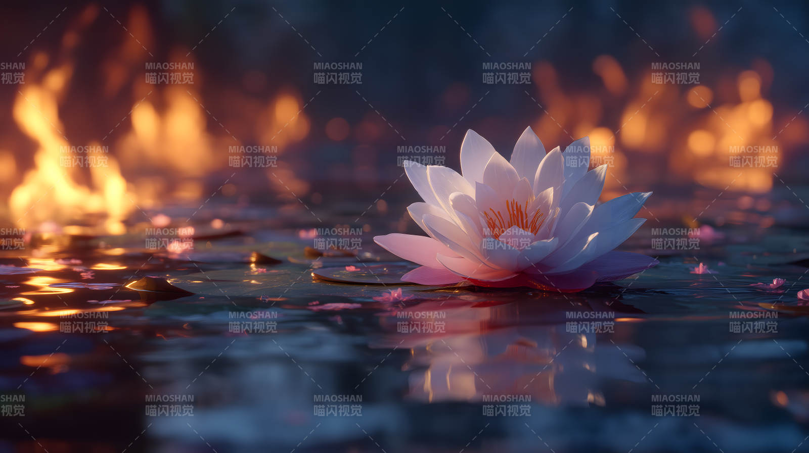 莲花水面火焰交织景象图片