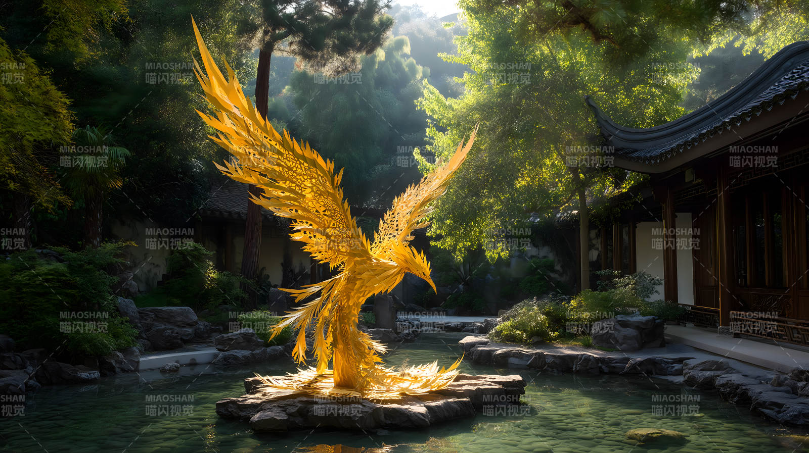 金色凤凰立于水池之中图片