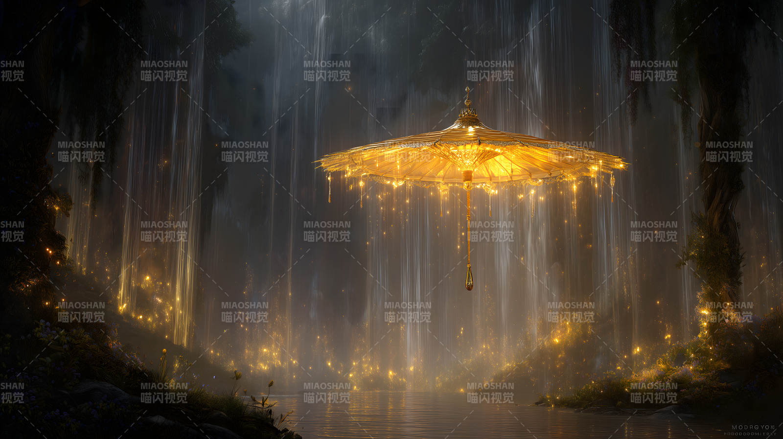 金色雨伞下的梦幻仙境图片