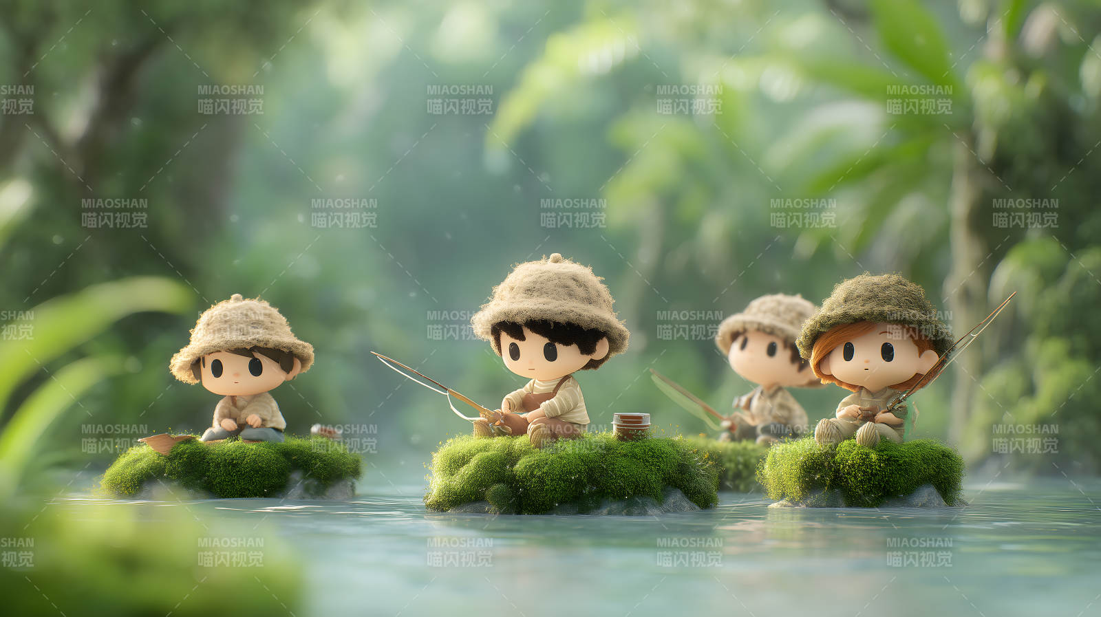 娃娃们在水边钓鱼图片