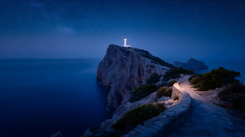 夜幕下的灯塔海岸风景图片