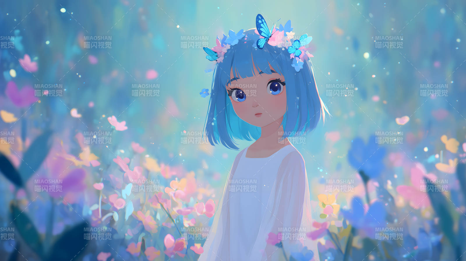 蓝发女孩花园图片