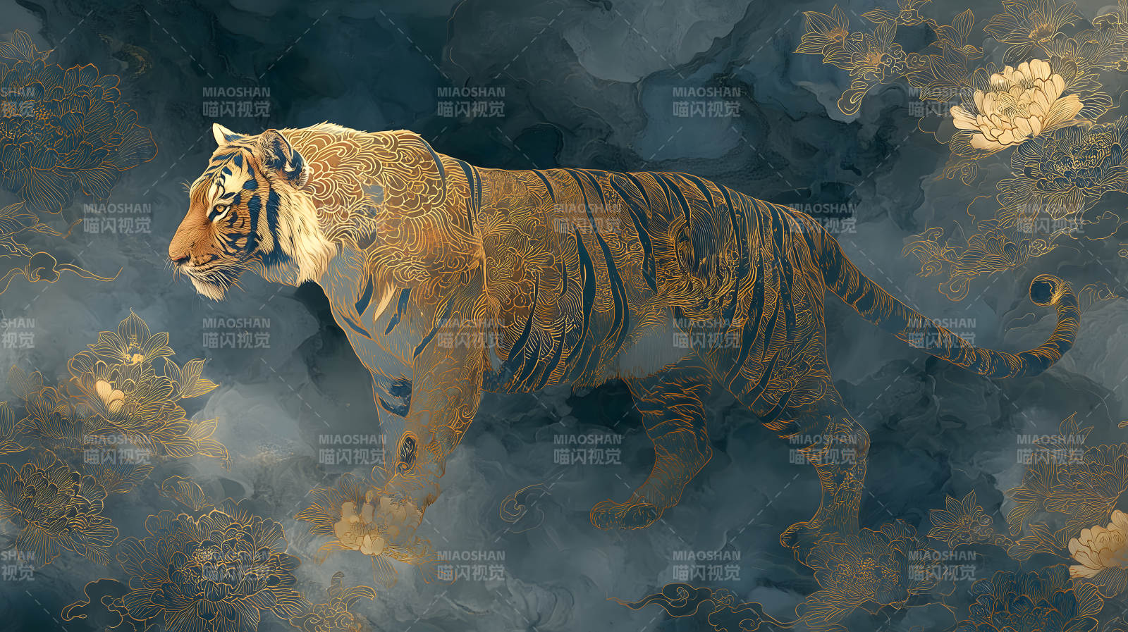 金虎游动东方意境图图片