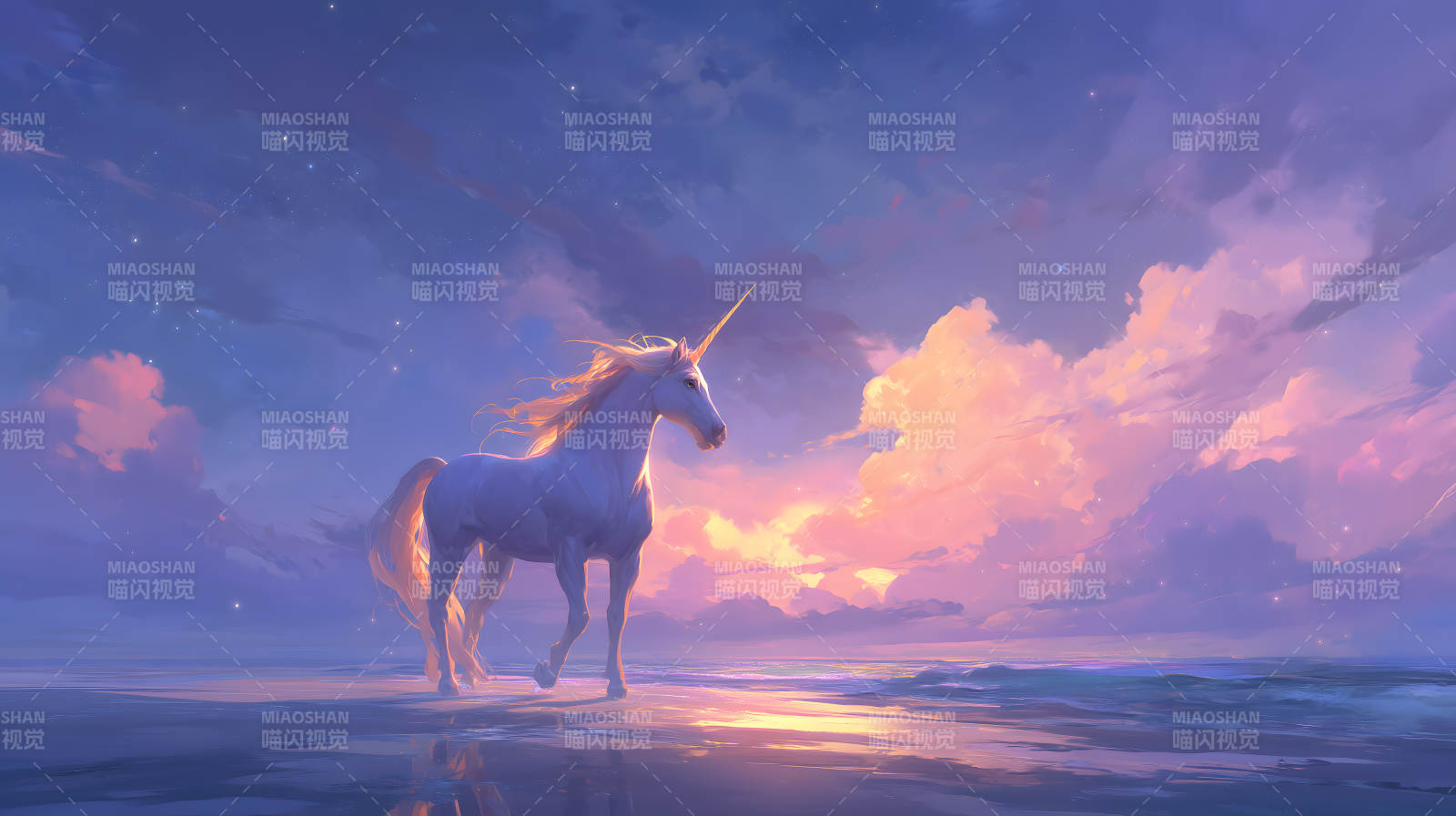 梦幻独角兽海边漫步图片