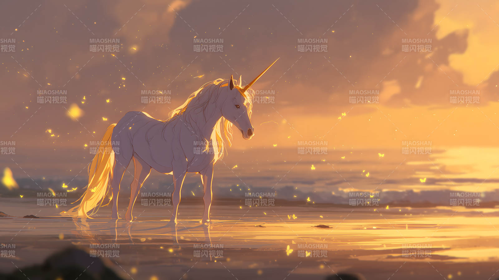 海边独角兽夕阳下图片