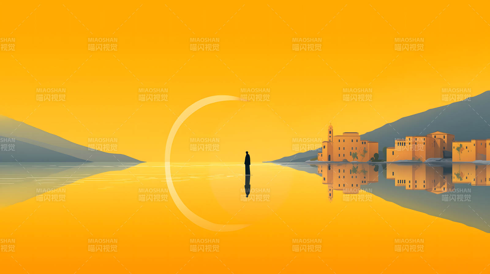 金色水面下的孤独剪影图片