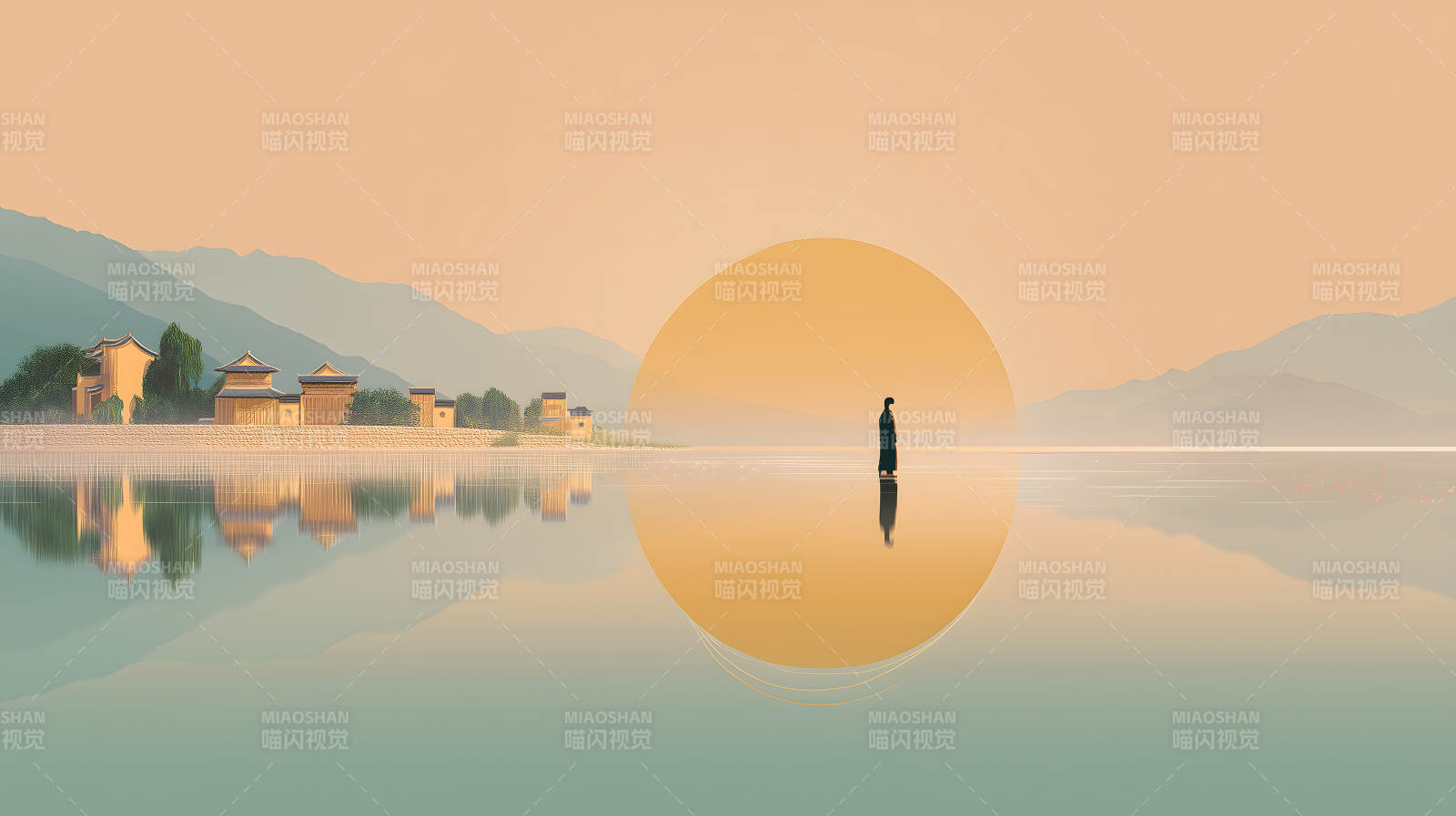 湖畔僧侣沐浴夕阳图片