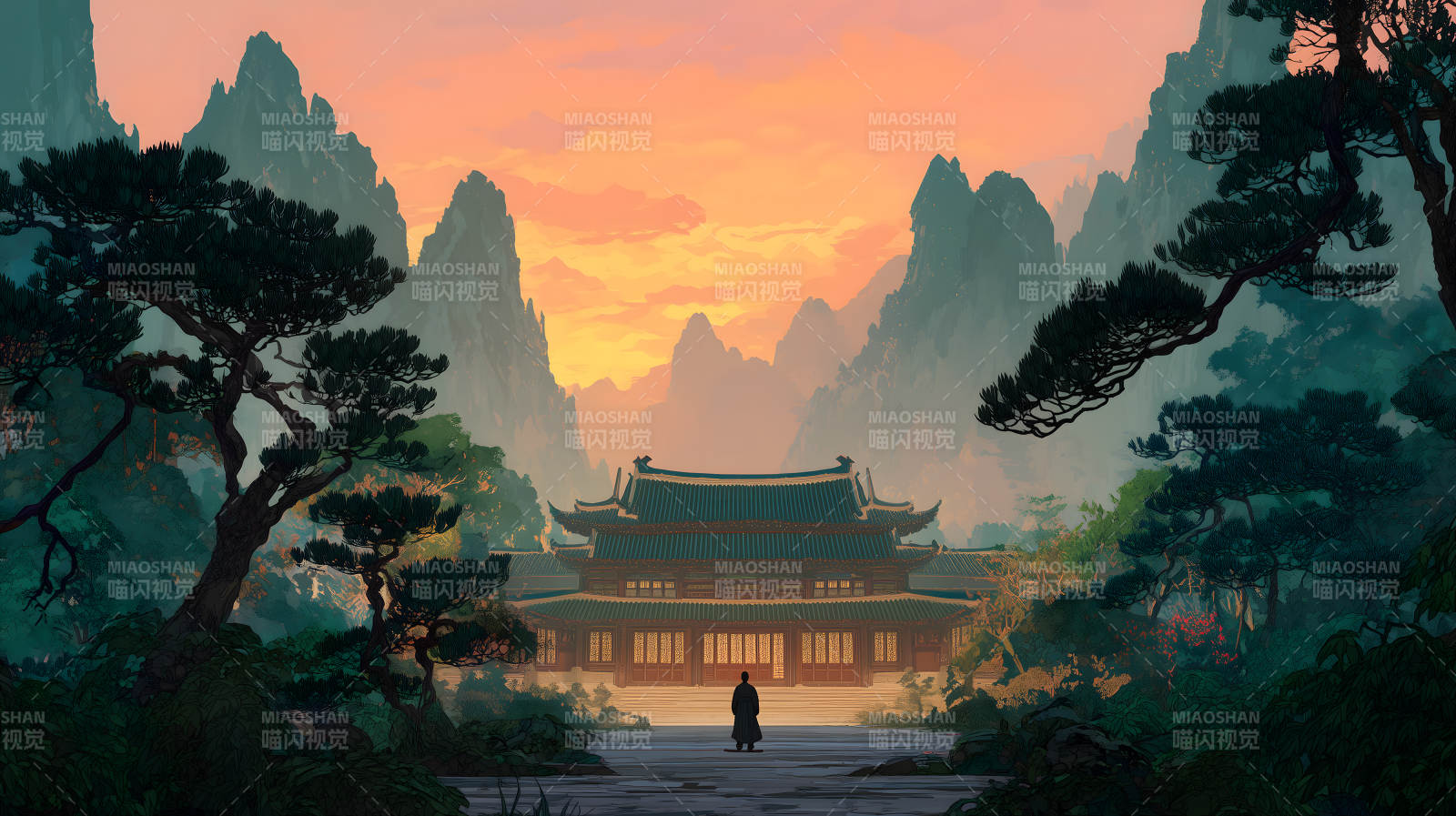 山间庙宇暮色图片