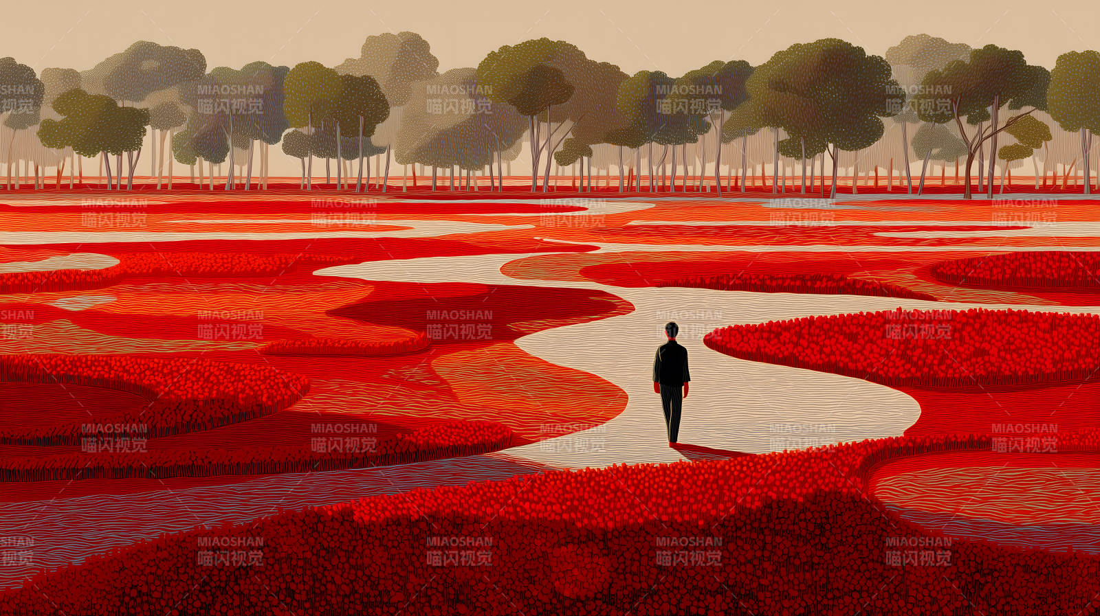 红色世界中的孤独行人图片