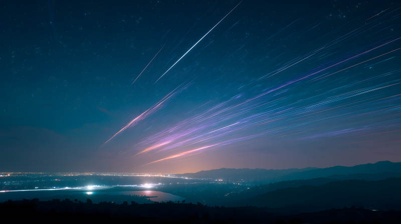 流星划过夜空城市灯光图片