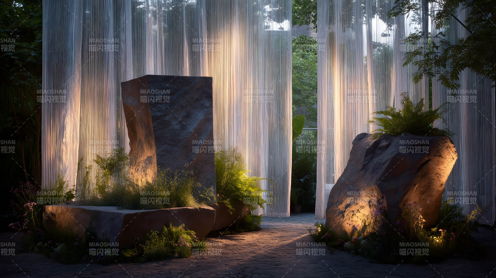 石头与植物的光影图片