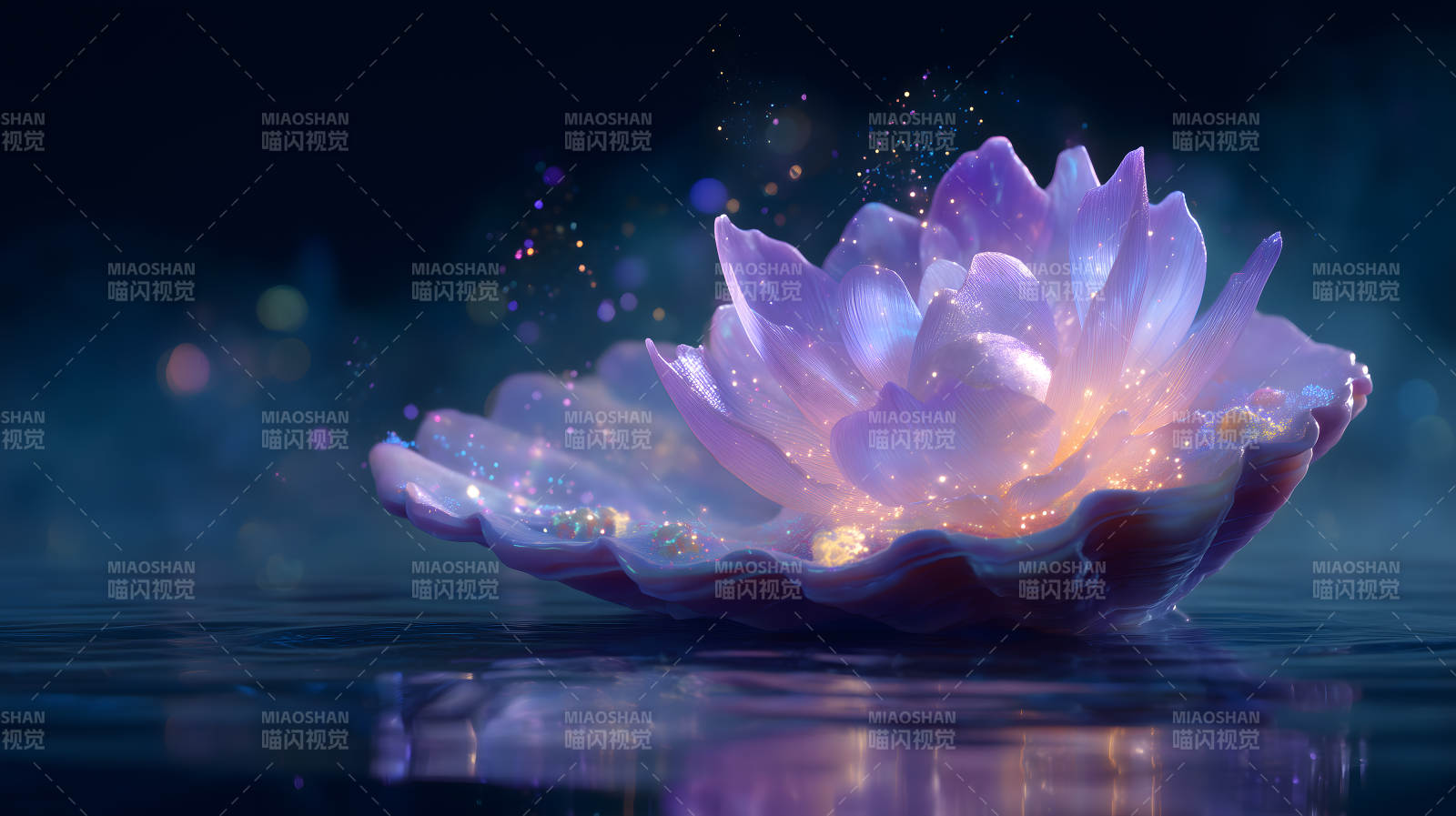 发光莲花水面景象图片