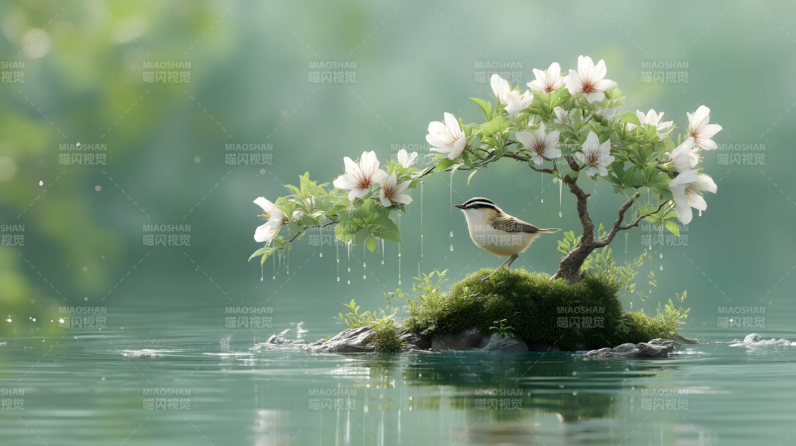 鸟儿栖息在水中盆景图片