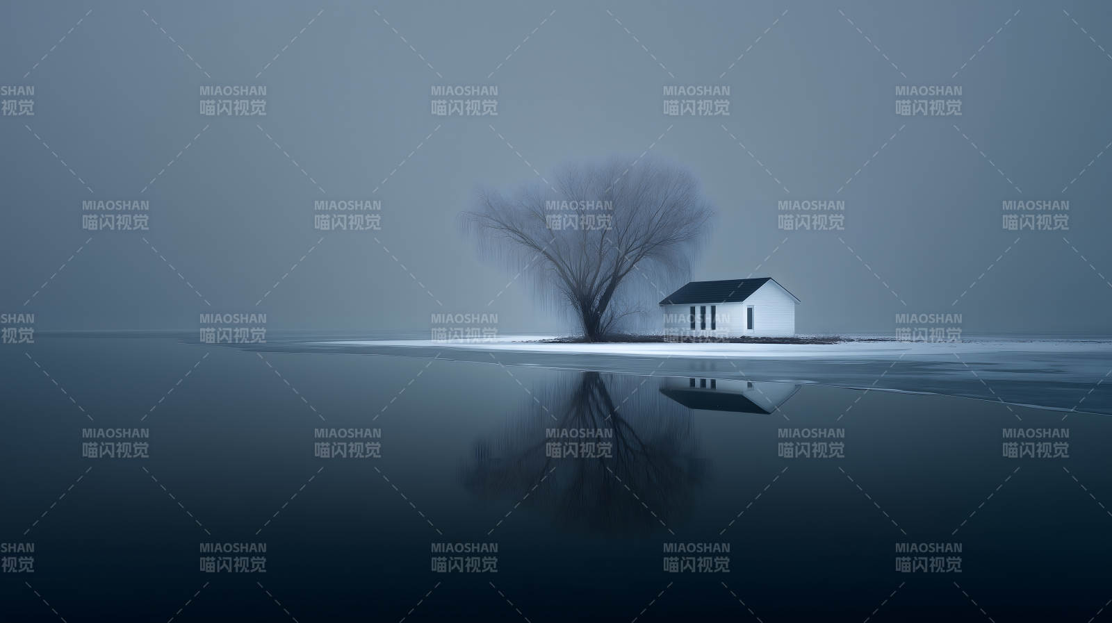 孤屋伫立水面倒影图片