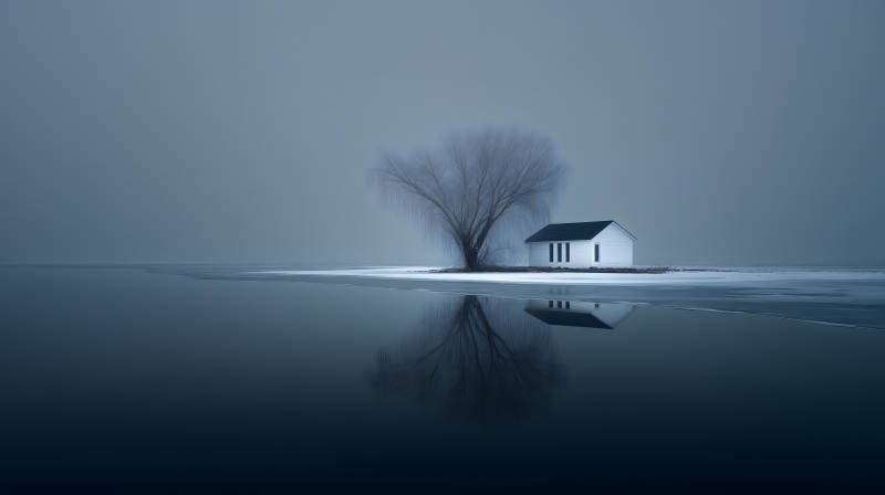 孤屋伫立水面倒影图片