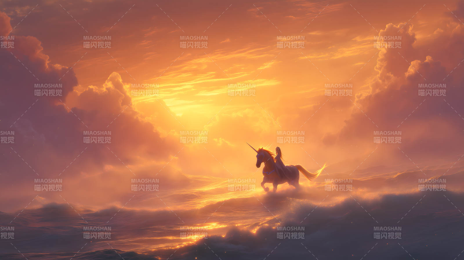 金色光芒下的独角兽图片