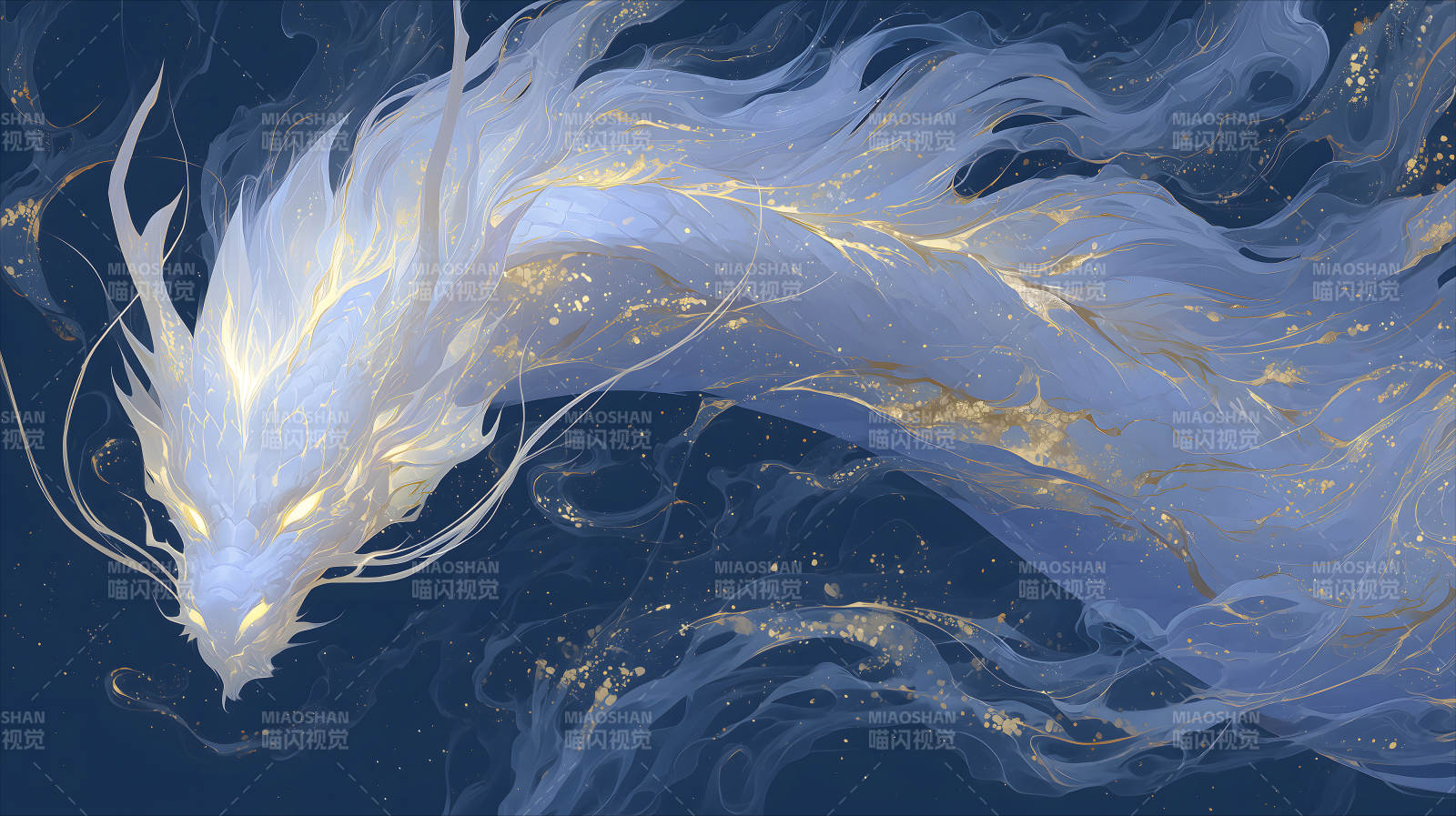 水墨蓝龙金色光芒图片