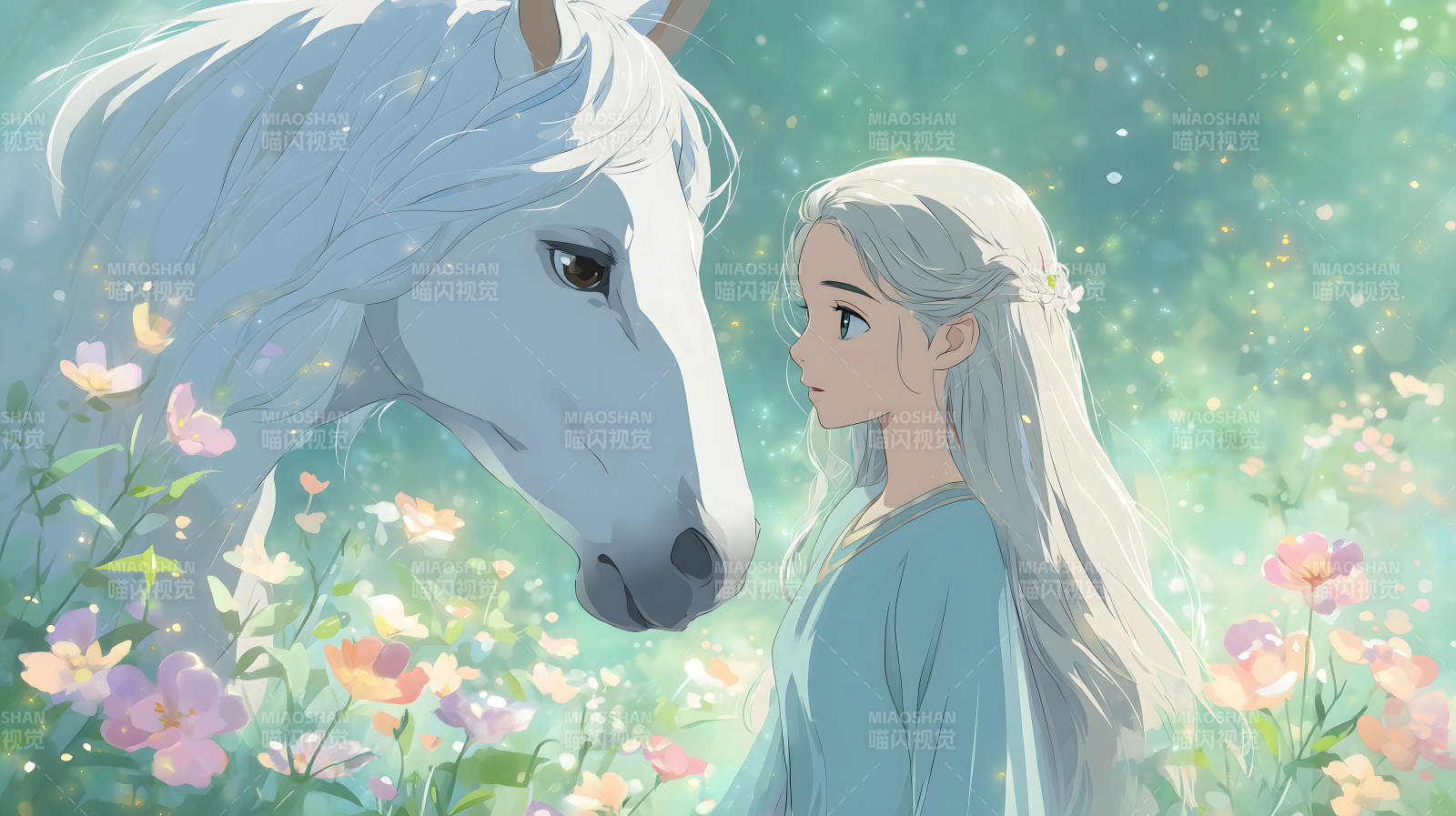 少女与白马的梦幻景象图片