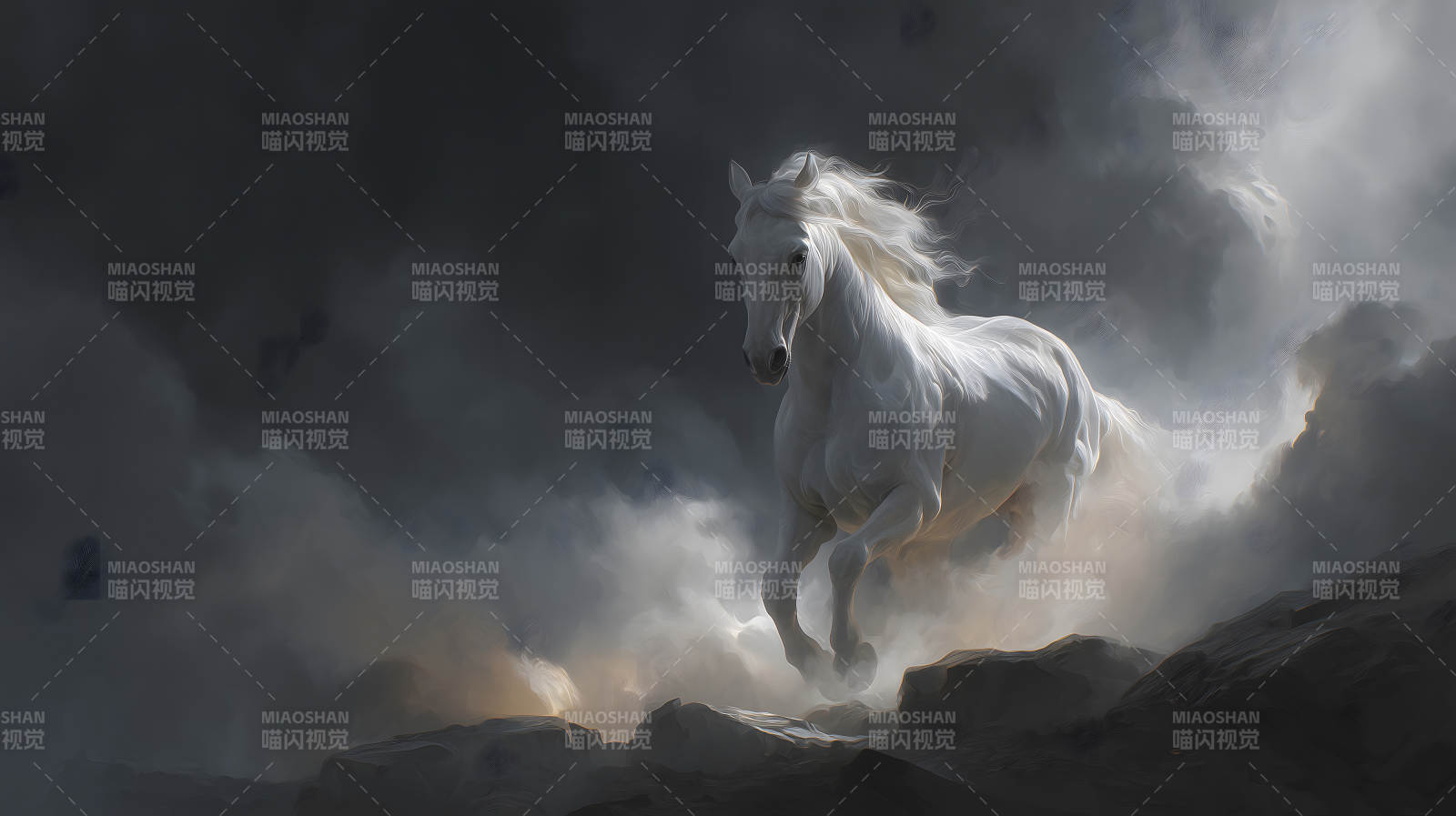 白马奔腾云雾缭绕图片