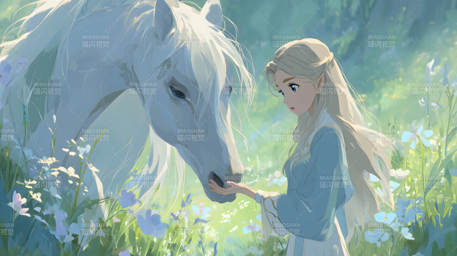 少女与白马在花海中图片