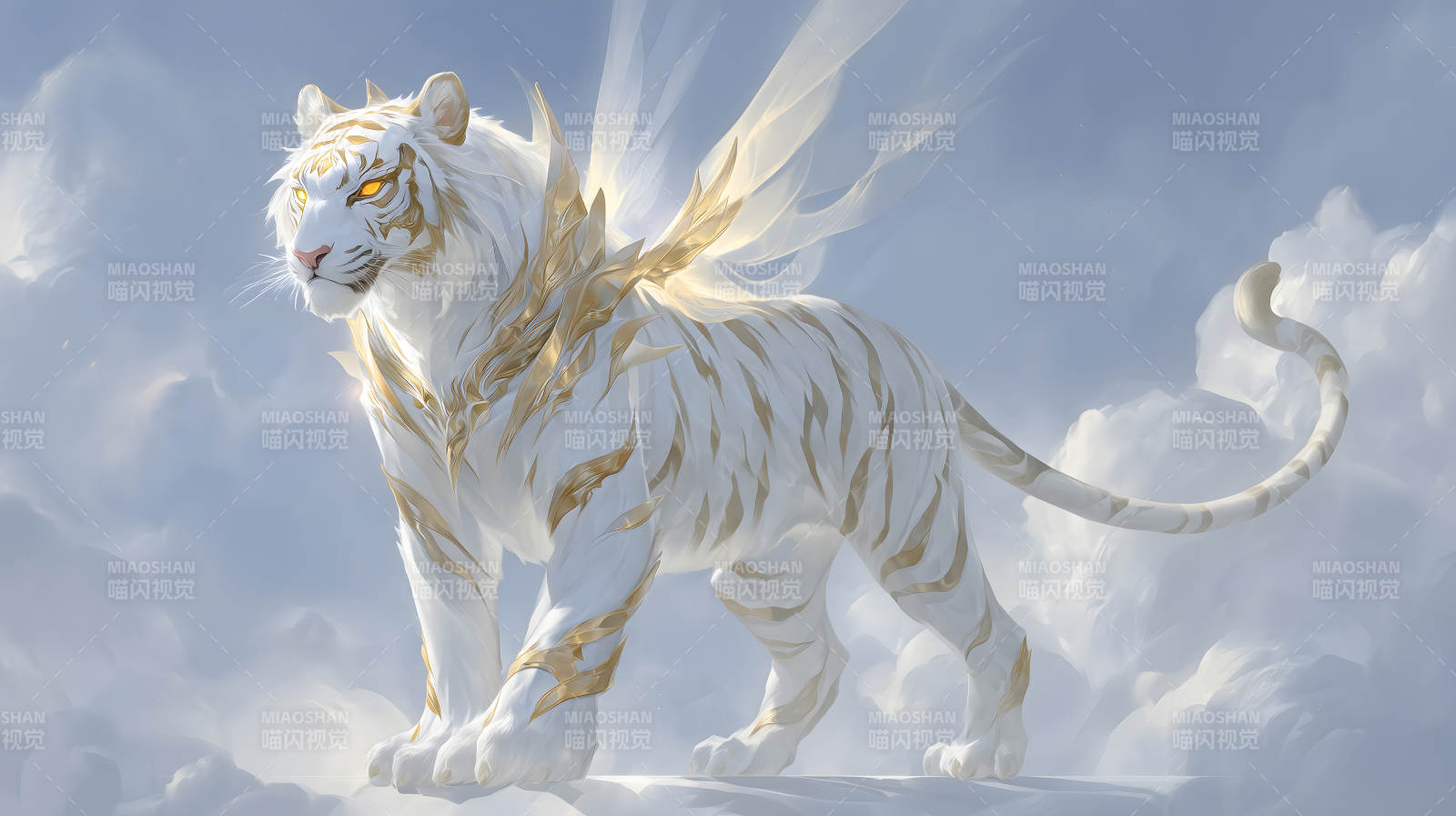 白虎翱翔云端金光闪耀图片