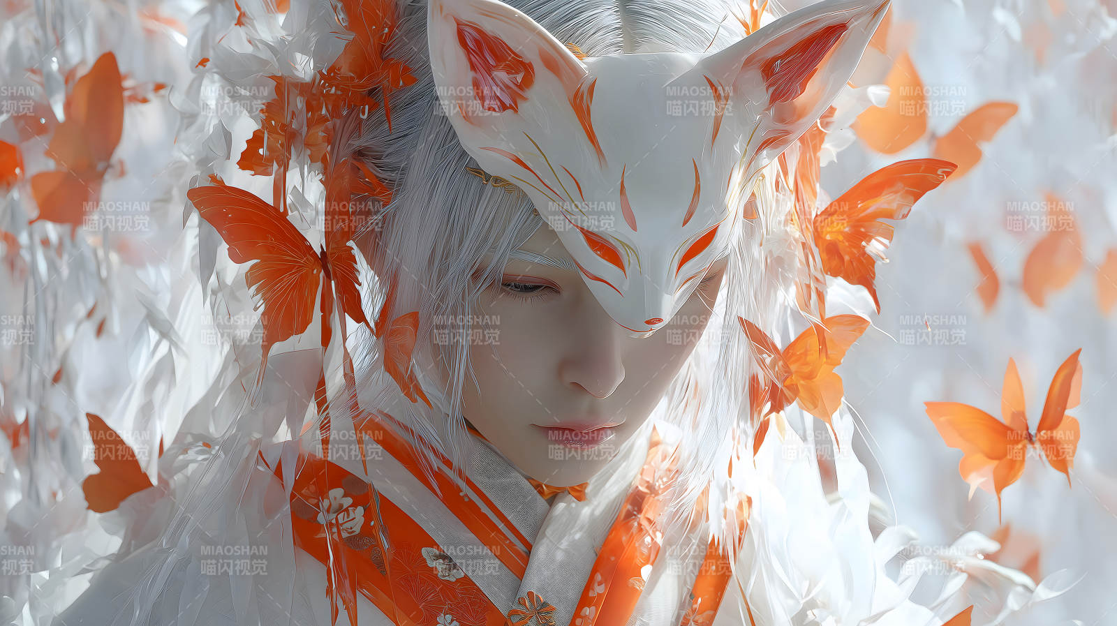 白狐面具少女蝴蝶飞舞图片