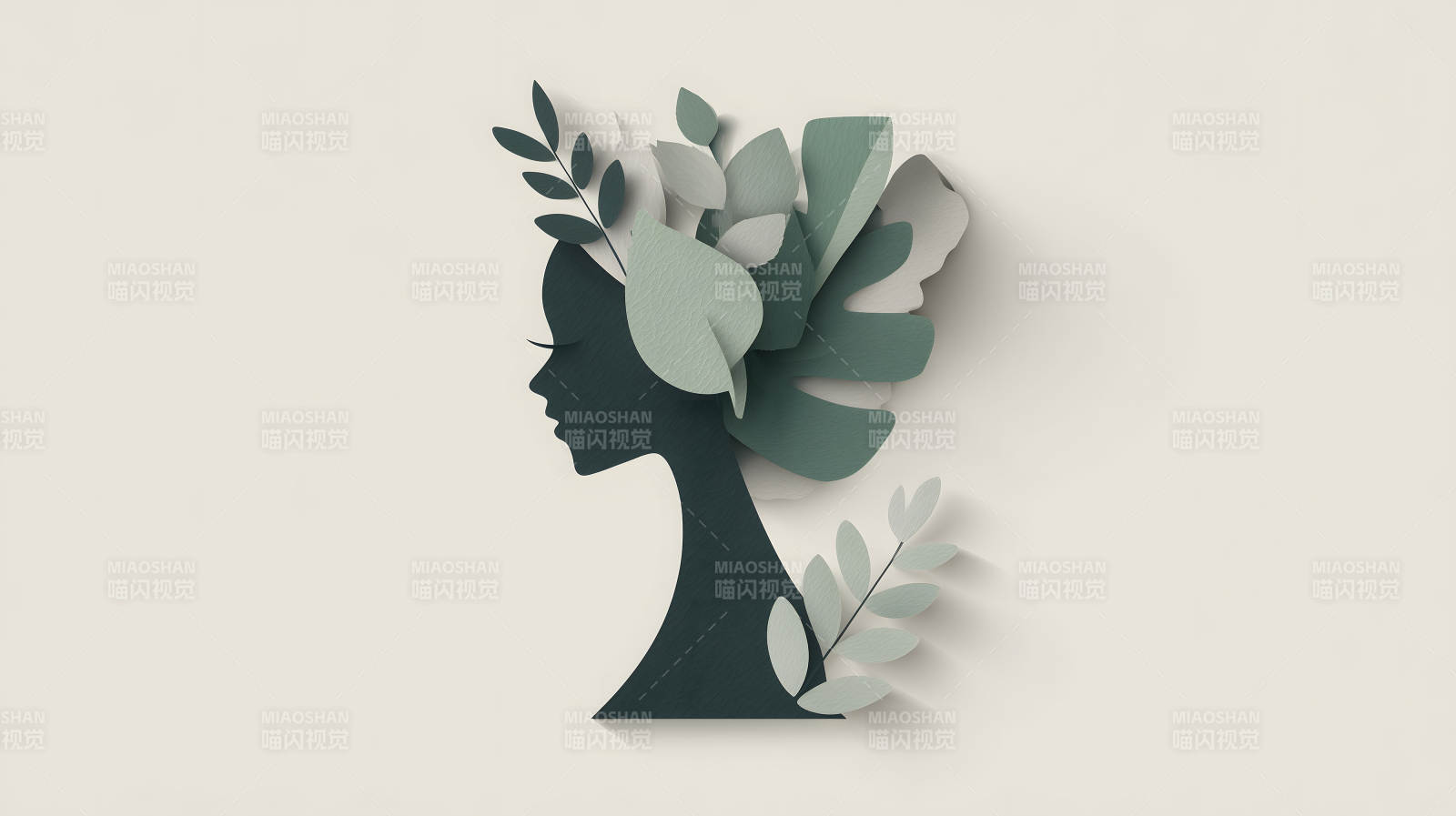 绿色女性剪影与叶子图片