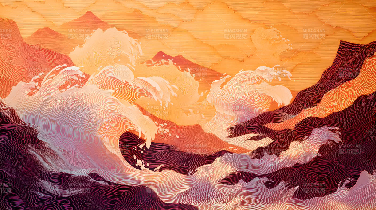 橙色海浪山峰图片