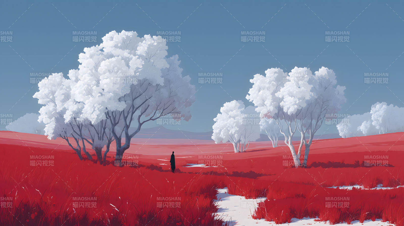 红地白树孤影图片