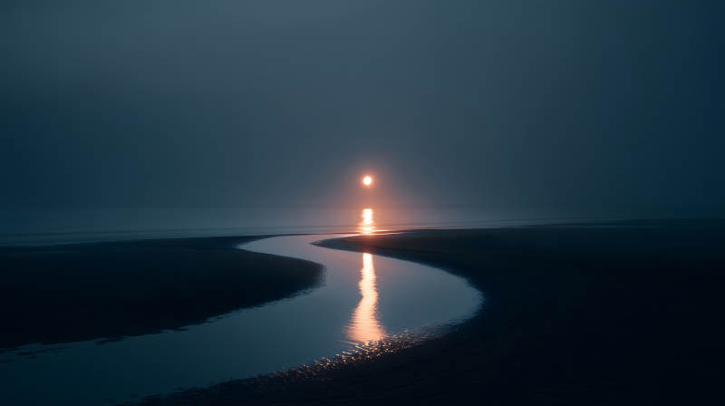 夕阳映照蜿蜒水流图片