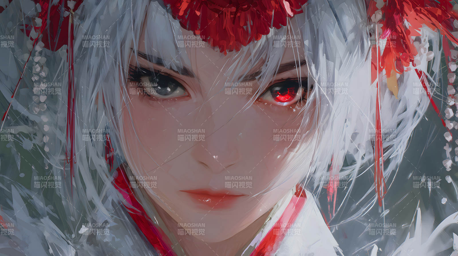 红瞳白发少女特写图片