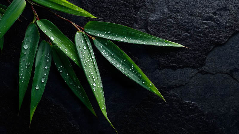 竹叶雨滴黑石图片