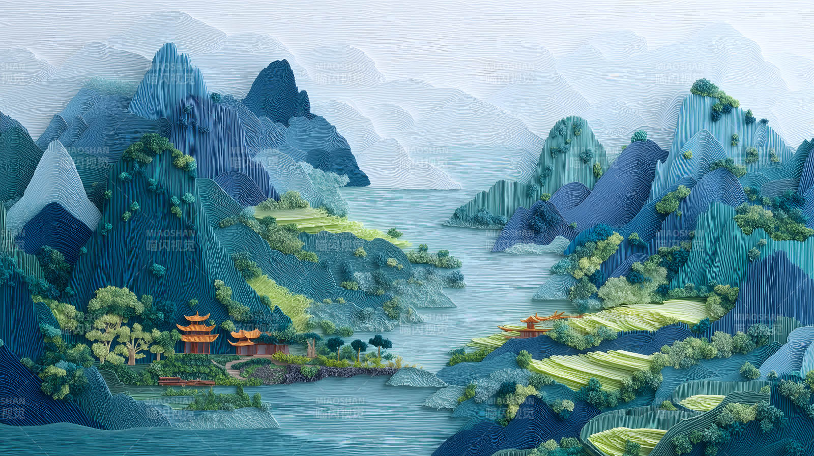 蓝色的山水画图片