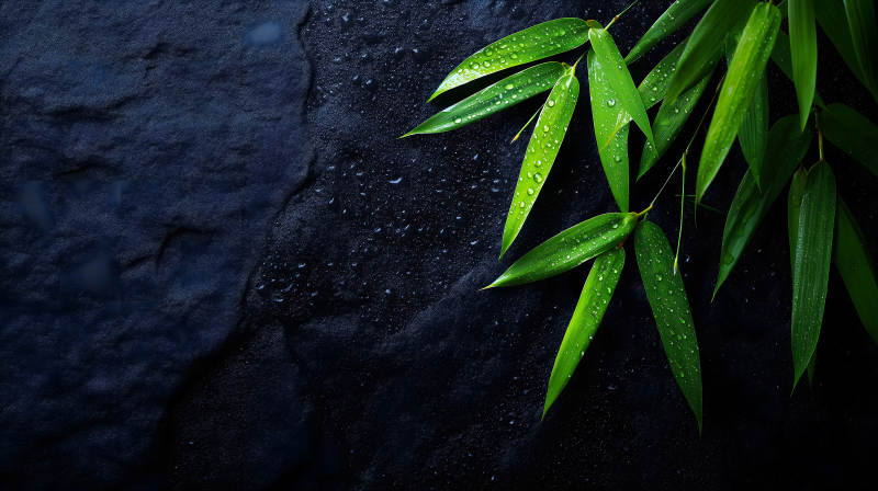 翠竹雨滴黑石背景图片